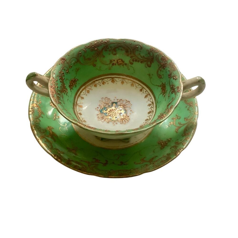 Antique 2 Piece Set Floral DOUBLE HANDLE CREAM SOUP BOWL & UNDERPLATE
